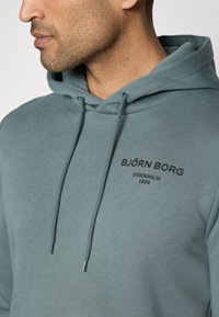 Felpa grigio-blu realizzata in misto cotone, con cappuccio regolabile e logo ricamato in nero. Texture liscia con un design casual.