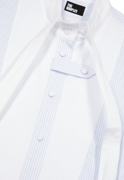 White shirt featuring blue vertical stripes and round buttons, with a mandarin collar and white ribbon ties, made of soft fabric.
