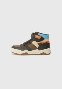 Brown and black high-top sneakers with a Velcro strap, light blue accents, and perforated details. Made of synthetic material with rubber sole.