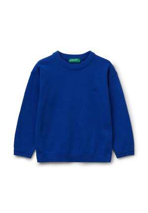 Maglione a maniche lunghe blu in maglia con polsini e orlo a coste, colletto rotondo, piccolo logo ricamato sul petto, steso su uno sfondo bianco.