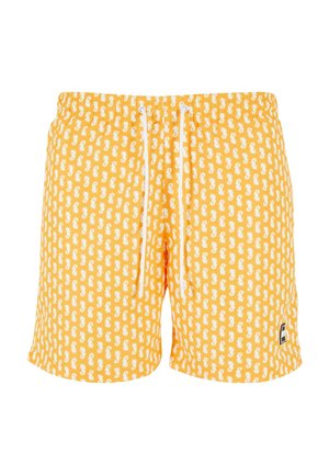 Žlté plavky s opakovaným vzorom bieleho morského koníka, elastický pás a šnúrka na stiahnutie. Obsahujú bočný logový akcent na leme.