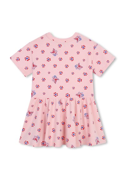 Robe rose à manches courtes avec une jupe évasée, ornée d'un motif floral et graphique répété en rouge et bleu. Fabriquée en coton léger.