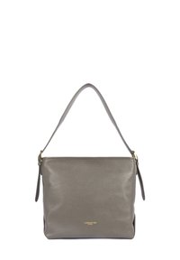Borsa a tracolla in pelle grigia con manico arrotondato, dotata di chiusura con zip e logo dorato in rilievo sul fronte. Texture liscia.