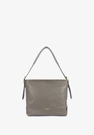 Gray leather handbag with a rounded shoulder strap, featuring a zip closure and embossed gold logo on the front. Smooth texture.