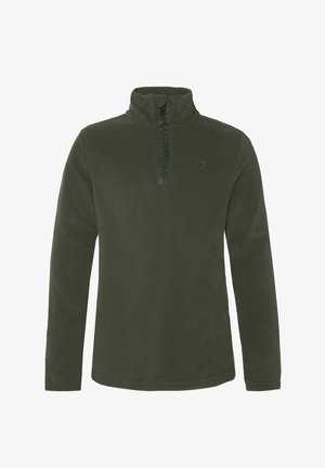 Camiseta de manga larga de forro polar en gris oscuro, con cuello con cremallera; pantalones amarillos brillantes, ajuste estrecho, acentos negros en los puños; botas de nieve negras impermeables.
