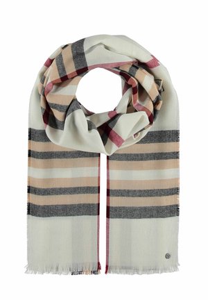 Scarf intrecciato in morbido tessuto, con strisce alternate di beige, grigio e bordeaux, bordi sfrangiati e un piccolo logo metallico.