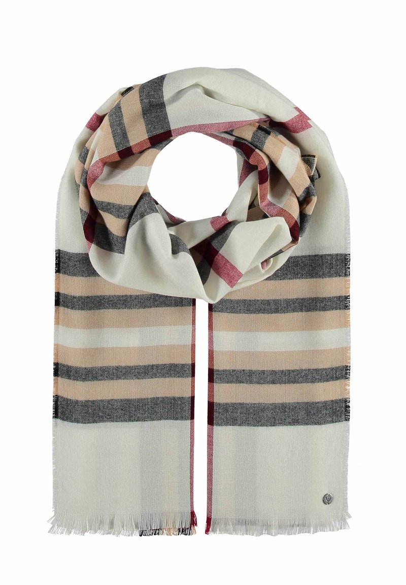 Vævet tørklæde i blødt stof med skiftende striber i beige, grå og maroon, med frynser i kanterne og et lille metallogo.