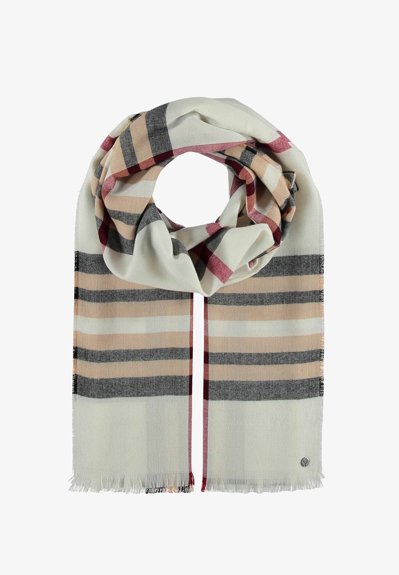 Vævet tørklæde i blødt stof med skiftende striber i beige, grå og maroon, med frynser i kanterne og et lille metallogo.