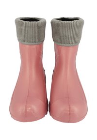Bottes en caoutchouc roses avec un revers en tricot gris texturé, affichant une finition lisse et un design à bout rond. Légères et étanches.