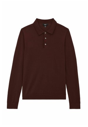 Bordowa koszulka polo z długim rękawem, wyposażona w klasyczny kołnierzyk, listwę z trzema guzikami oraz ściągacze na mankietach i u dołu. Wykonana z miękkiego materiału.