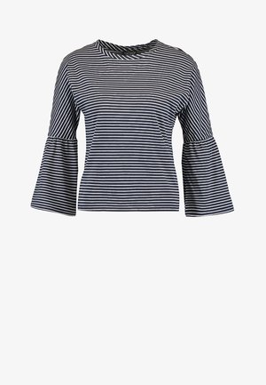 Navy and white striped long-sleeve top with a boat neckline and flared bell sleeves. Cotton blend material with a smooth texture.