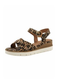 Sandalias de cuña con estampado de leopardo, tiras entrecruzadas, acentos marrones, hebilla dorada, plantilla texturizada y suela de goma blanca con surcos.