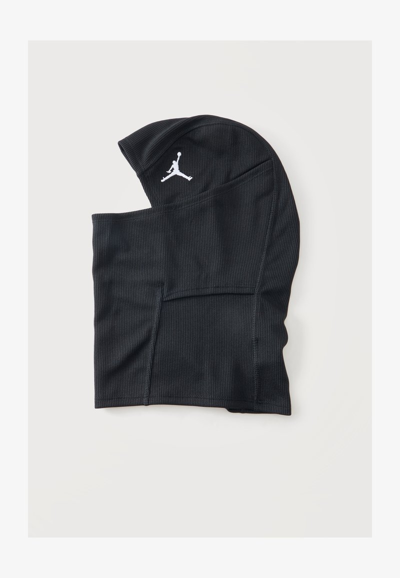 Черна балаклава с бяло лого Jumpman отгоре, изработена от ребрист плат, показана плоска на светъл фон.
