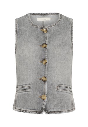 Grå denimvest med rund halsudskæring, seks knapper fortil og to forlommer. Har kontrasterende syninger og ærmeløs design.