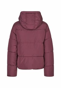 Giacca imbottita bordeaux con cappuccio, caratterizzata da un motivo trapuntato e polsini elasticizzati, progettata per calore e comfort.