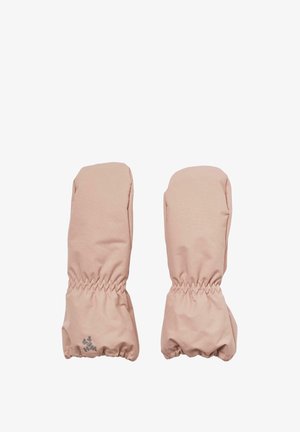 Rosa Stoffhandschuhe mit elastischem Handgelenksbund, glatter Textur und einem kleinen, in grau aufgedruckten Logo am Bund.