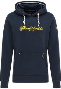 Mörkblå hoodie tillverkad av mjukt tyg, med en rymlig framficka, dragskohette med gula detaljer och logotekst i gult.
