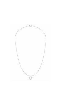 Collana con catena d'argento con ciondolo a goccia decorato con piccole pietre, texture liscia e chiusura a moschettone sicura.