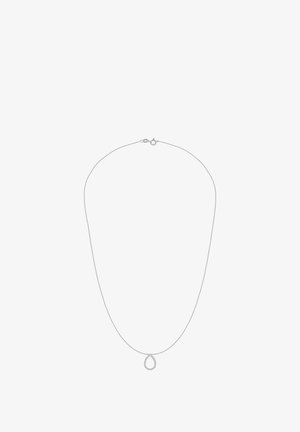 Hõbedast kettkaelakee, millel on pisikeste kivikestega kaunistatud pisarakujuline ripats, sile tekstuur ja turvaline kinnituse sulgur.