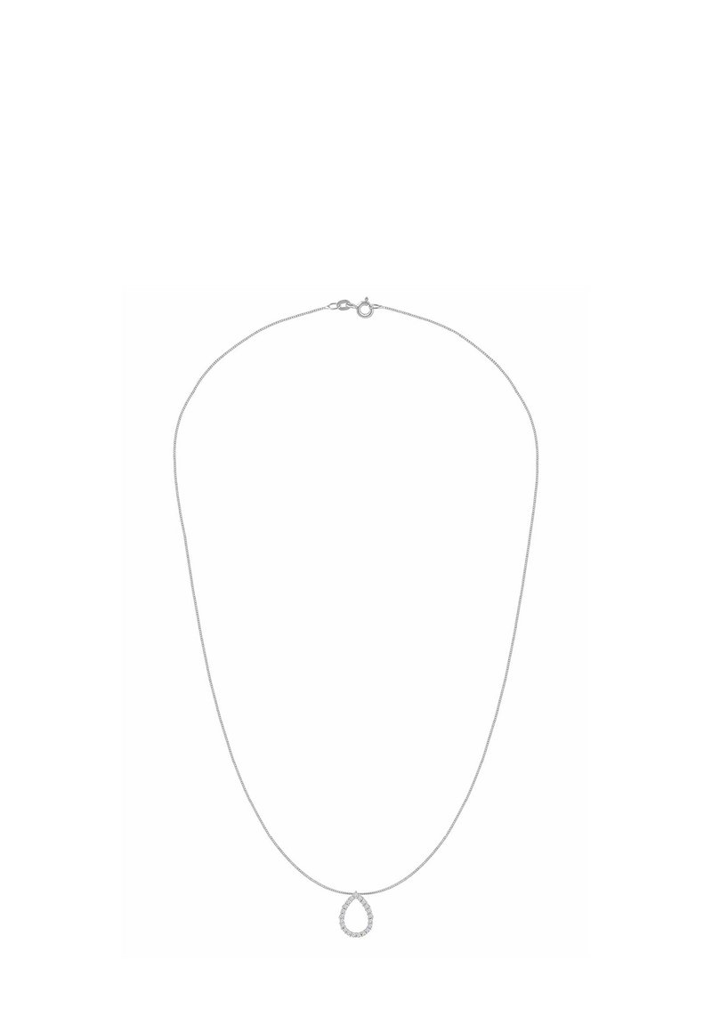 Collana con catena d'argento con ciondolo a goccia decorato con piccole pietre, texture liscia e chiusura a moschettone sicura.