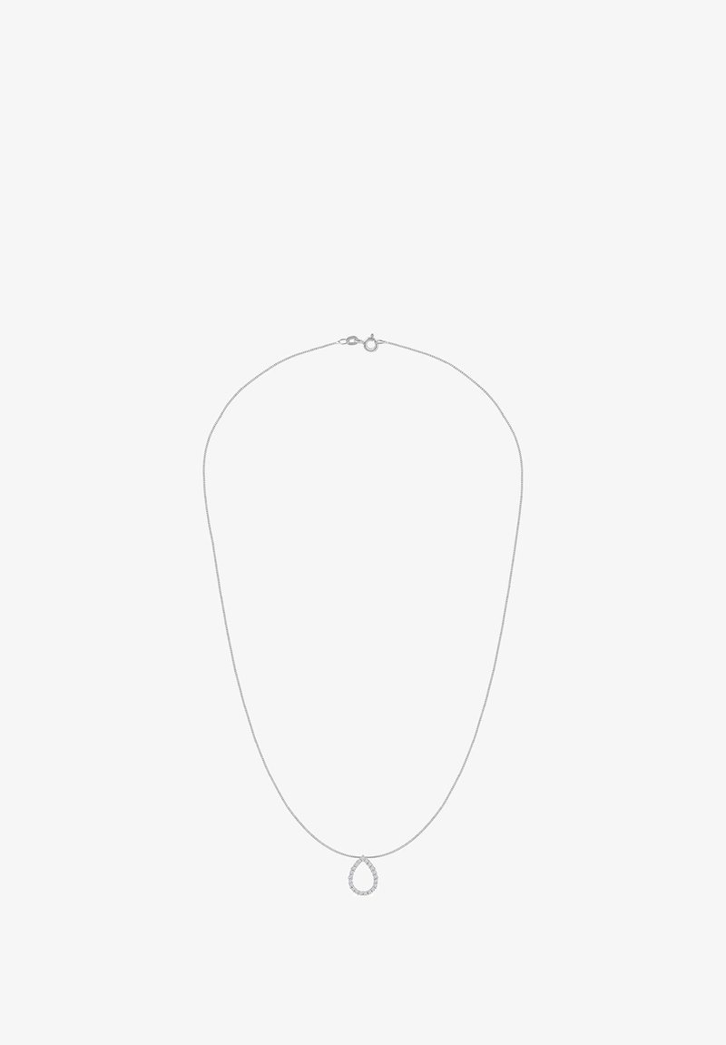 Collana con catena d'argento con ciondolo a goccia decorato con piccole pietre, texture liscia e chiusura a moschettone sicura.