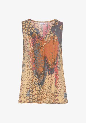 Top sans manches avec un imprimé animal multicolore dans des teintes d'orange, beige, gris et rose. Design en V avec une texture douce et légère.