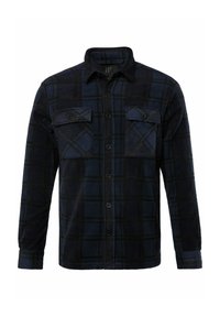 Flanellen overhemd met een donkerblauw en zwart ruitpatroon, twee borstzakken, knoopsluiting en lange mouwen. Zachte textuur en reguliere pasvorm.