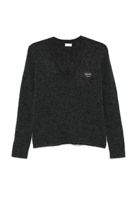 Maglione grigio scuro a scollo a V con polsini e orlo a coste. Presenta un piccolo logo ricamato sul petto sinistro e un tessuto morbido e strutturato.