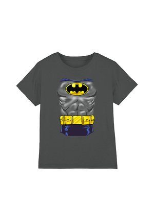 Children’s dark gray T-shirt with a printed muscular Batman torso, yellow belt, and black and yellow bat symbol on chest.