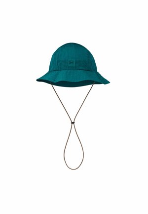 Dark teal wide-brim bucket hat with adjustable chin cord and small logo on front centered on white background.