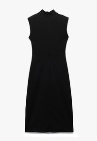Vestido negro sin mangas con un alto cuello, diseño ajustado y cierre de cremallera en la parte trasera. Fabricado con una tela suave y elástica.