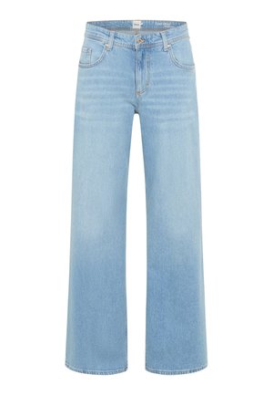 Lichtblauwe wijde jeans gemaakt van denim, met een vijf-pocket ontwerp, een knoopsluiting aan de voorkant en subtiele vervaging over de stof.