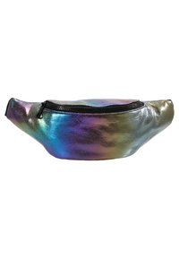 Holografisk bæltetaske i metalliske nuancer af blå, lilla og sølv. Har en toplynlås og et buet design for ergonomisk pasform.