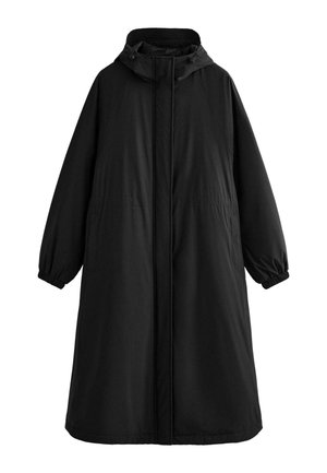 Schwarzer langer Mantel mit Kapuze, mit Reißverschluss vorne, elastischen Bündchen und Seitentaschen. Hergestellt aus glattem, leichtem Stoff.