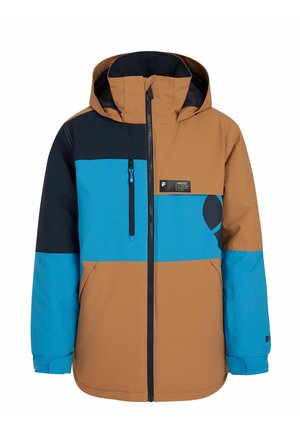 Giacca invernale colorata con un design a blocchi di colore marrone, blu e blu navy. Presenta una tasca sul petto con zip e un cappuccio. Realizzata in materiale durevole.