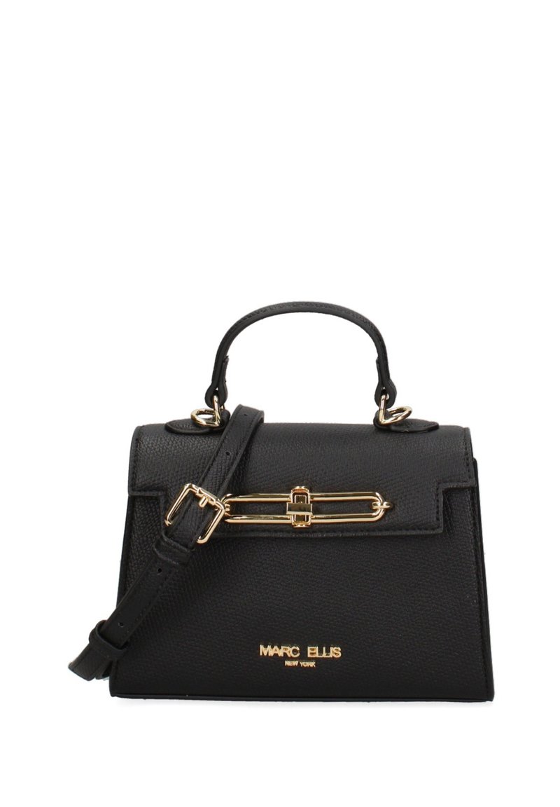 Borsa a mano in pelle nera con texture, dalla forma strutturata, con accenti di hardware dorato, tracolla staccabile e manico superiore. Presenta dettagli con logo.