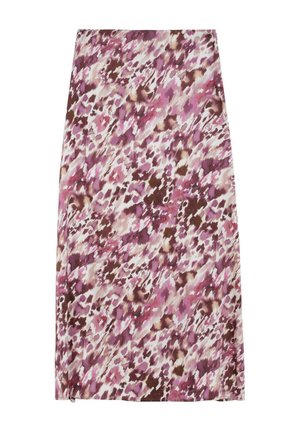 Falda midi con estampado floral abstracto en tonos rosa, púrpura, marrón y blanco sobre una tela lisa.