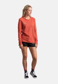 Felpa terracotta a maniche lunghe con designs ricamati colorati, abbinata a pantaloni corti neri e sneaker con motivo.