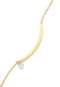 Gouden ketting met een gebogen staaf, semi-matte afwerking en een hangende heldere edelsteenaccent. Kralenketting voegt textuur en detail toe.