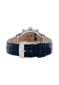 Orologio cronografo con cassa in acciaio inossidabile e cinturino in pelle blu con motivo coccodrillo. Presenta accessori in argento e una finitura lucida.