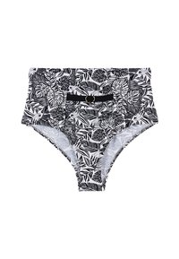Bas de maillot de bain taille haute avec un motif de feuilles de palmier noir et blanc. Doté d'une taille noire avec un détail en forme d'anneau doré. Texture lisse.