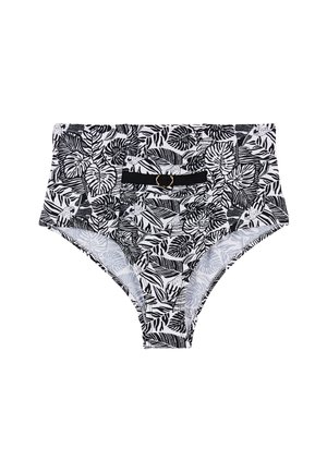 Bas de maillot de bain taille haute avec un motif de feuilles de palmier noir et blanc. Doté d'une taille noire avec un détail en forme d'anneau doré. Texture lisse.