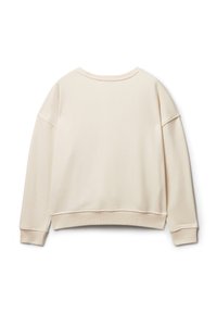 Beżowy sweter z luźnym krojem, szerokim okrągłym dekoltem, obniżonymi ramionami i ściągaczami. Miękka, gładka tekstura.