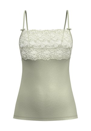 Licht olijfgroene camisol met een kanten overlay bij de buste, verstelbare spaghetti bandjes en een gladde, aansluitende pasvorm.