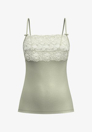 Licht olijfgroene camisol met een kanten overlay bij de buste, verstelbare spaghetti bandjes en een gladde, aansluitende pasvorm.