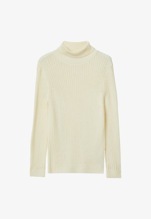 Cremfarbener Rollkragenpullover aus geripptem Stoff. Verfügt über lange Ärmel und ein tailliertes Design mit hohem Kragen für zusätzliche Wärme.