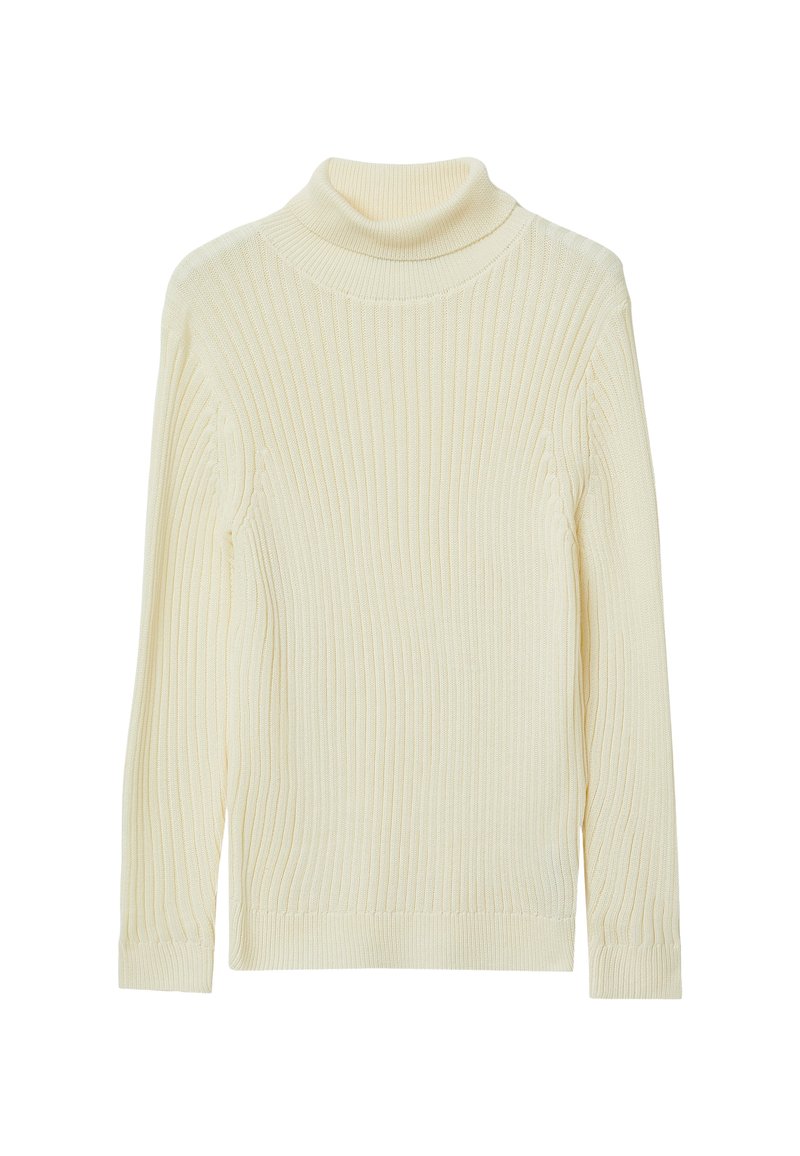 Pull en col roulé de couleur crème en tissu à côtes. Il possède des manches longues et un design ajusté avec un col haut pour davantage de chaleur.