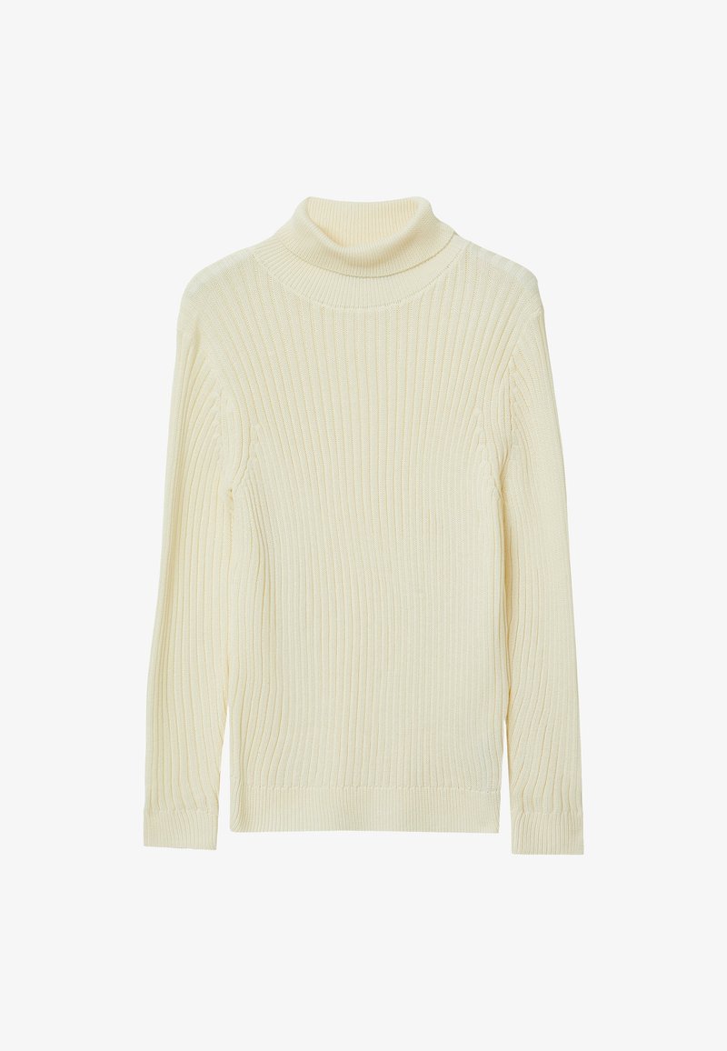 Pull en col roulé de couleur crème en tissu à côtes. Il possède des manches longues et un design ajusté avec un col haut pour davantage de chaleur.