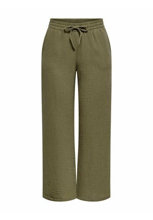 Pantalon ample vert olive avec taille élastique et cordon, en tissu léger texturé.
