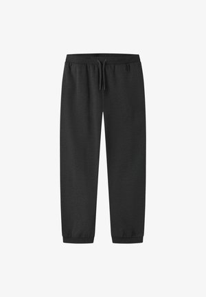 Zwarte joggingbroek van zachte stof, met een elastische tailleband met trekkoord, geribbelde enkels en een losse pasvorm.